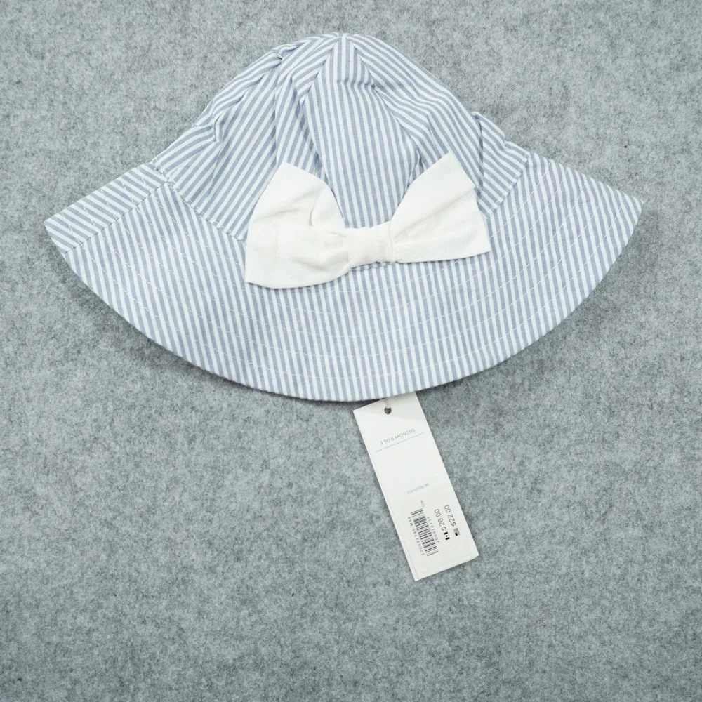 Janie and Jack Baby Girls Blue White Striped‎ Bow Bucket Sun Hat 3-6 Months NWT
